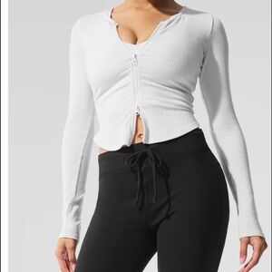ALO Yoga White Ribbed Crop Top double zipper